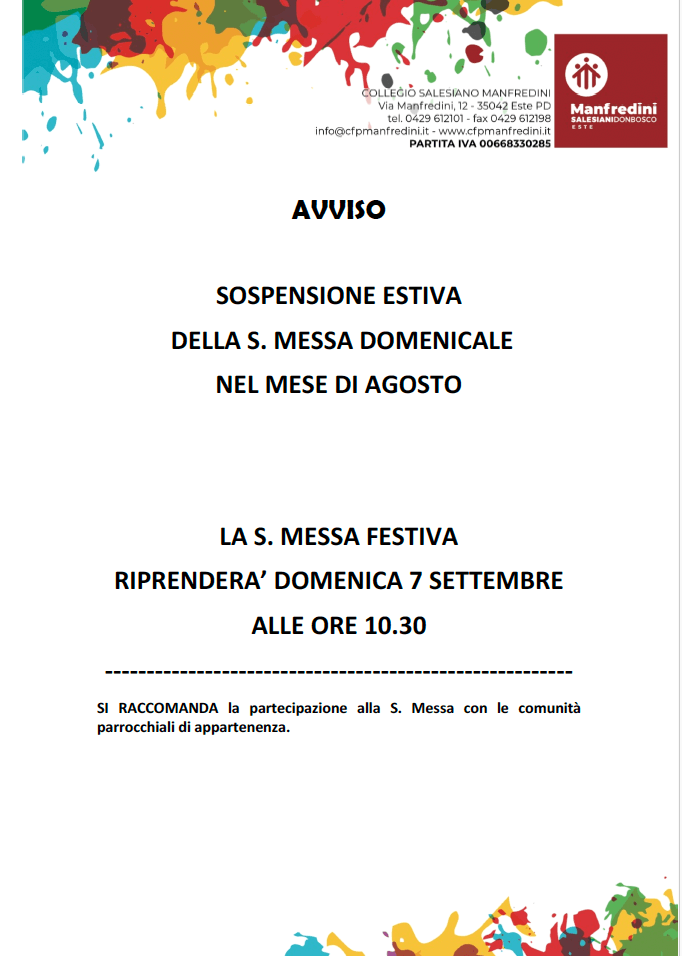 SOSPENSIONE ESTIVA DELLA S. MESSA DOMENICALE NEL MESE DI AGOSTO | Istituto Salesiano Manfredini
